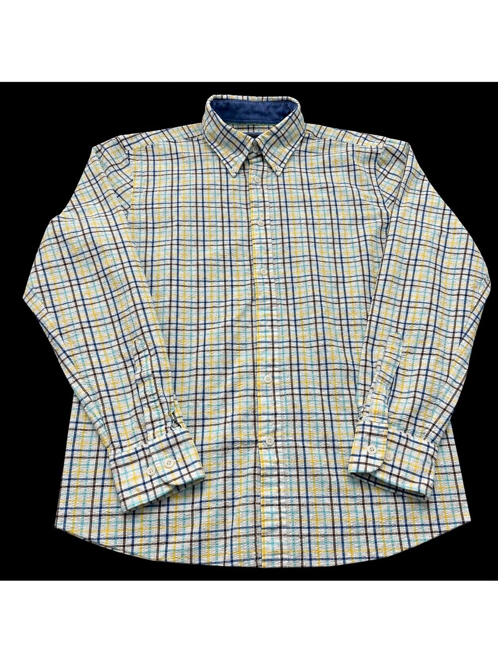 James Tattersall London Men’s L 16.5 Seersucker Plaid Button-Down Shirt